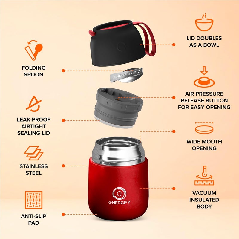 ENERGIFY Vacuum Insulated Food Jar. Large 17oz Bowl incl. Folding Spoon, Cup. Wide Mouth Keep Hot & Cold Drinks Soup Lunch Container for Adults. BPA-Free Stainless Steel, Leak Prooff Radiant red - Image 2